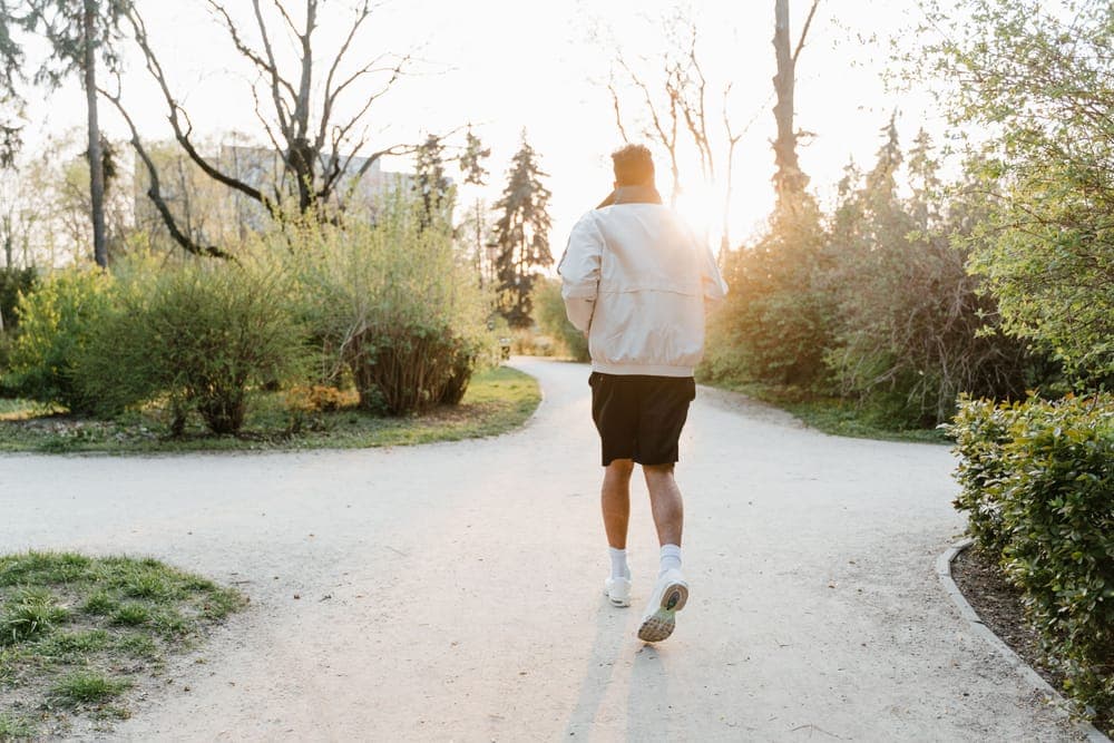 A man jogging along a park path toward the low morning sun